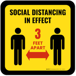 Social Distancing In Effect 3 Feet Apart - Yellow/Black Square - Floor Sign