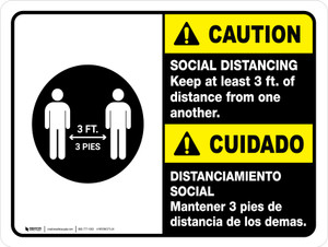 Caution: Social Distancing Keep 3ft Bilingual Spanish with Icon ANSI Landscape - Wall Sign