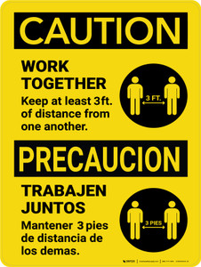 Caution: Work Together Keep 3ft Precaucion Bilingual Spanish with Icon Portrait - Wall Sign
