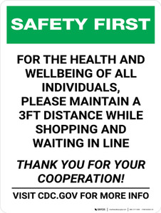 Safety First: Please Maintain a 3ft Distance While Shopping Portrait - Wall Sign