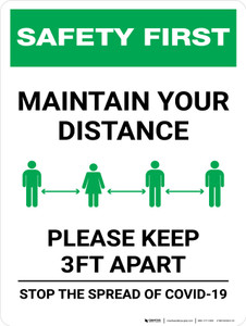 Safety First: Maintain Your Distance - Please Keep 3ft Apart Portrait - Wall Sign