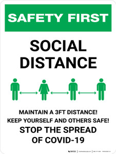 Safety First: Social Distance - Maintain a 3ft Distance! Portrait - Wall Sign