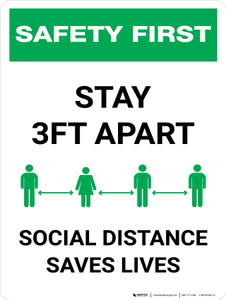 Safety First: Stay 3ft Apart - Social Distance Saves Lives Portrait - Wall Sign