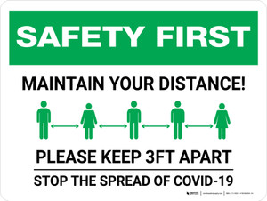 Safety First: Maintain Your Distance - Please Keep 3ft Apart Landscape - Wall Sign