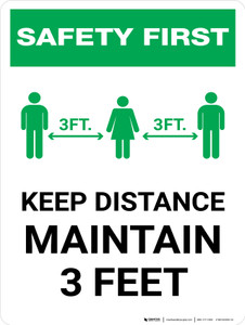 Safety First: Keep Distance Maintain 3ft with Icon Portrait - Wall Sign