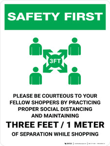 Safety First: Please Be Courteous Social Distancing with 3ft Icon Portrait - Wall Sign