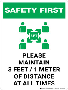 Safety First: Please Maintain 3 Feet of Distance at all Times with Icon Portrait - Wall Sign