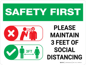 Safety First: Please Maintain 3 Feet of Social Distancing with Icons Landscape - Wall Sign