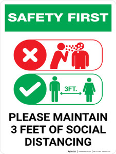 Safety First: Please Maintain 3 Feet of Social Distancing with Icons Portrait - Wall Sign