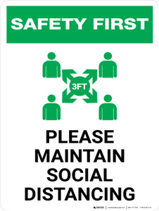 Safety First: Please Maintain Social Distancing with 3ft Icon Portrait - Wall Sign