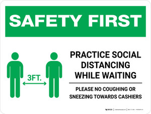 Safety First: Practice Social Distancing While Waiting with 3ft Icon Landscape - Wall Sign