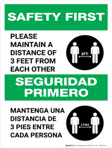 Safety First: Please Maintain A Distance Of 3 Feet Bilingual Spanish with Icon Portrait - Wall Sign