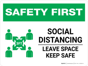 Safety First: Social Distancing Leave Space Keep Safe with 3ft Icon Landscape - Wall Sign