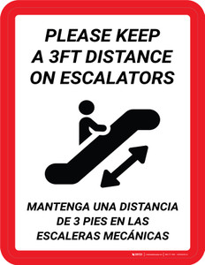 Please Keep a 3Ft Distance on Escalators Bilingual Spanish Portrait - Wall Sign