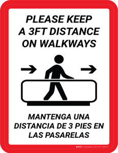 Please Keep a 3ft Distance on Walkways Bilingual Spanish Portrait - Wall Sign