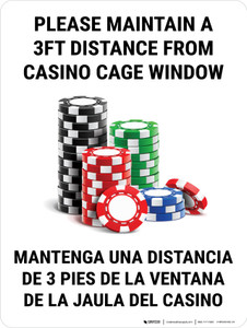 Please Maintain a 3ft Distance from Casino Cage Window Bilingual Spanish Portrait with Emoji - Wall Sign