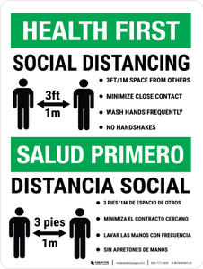 Health First: Social Distancing Biligual 3ft Portrait - Wall Sign