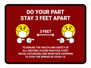 Do Your Part Stay 3 Feet Apart with Emojis Red Landscape - Wall Sign