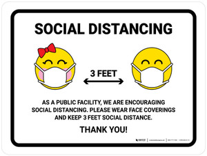 As A Public Facility We Are Encouraging Social Distancing 3ft with Emojis Landscape - Wall Sign