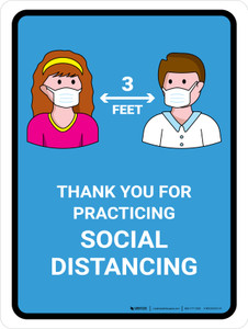 Thank You For Practicing Social Distancing with 3ft Icons Blue Portrait - Wall Sign