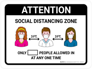 Attention Social Distancing Zone with 3ft Icons Landscape - Wall Sign