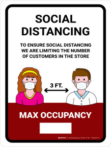 Social Distancing Max Occupancy with 3ft Icons Red Portrait - Wall Sign