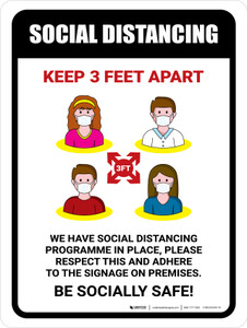 Social Distancing Keep 3 Feet Apart with Icons Portrait - Wall Sign