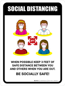 Social Distancing Keep 3 Feet When Possible with Icons Portrait - Wall Sign