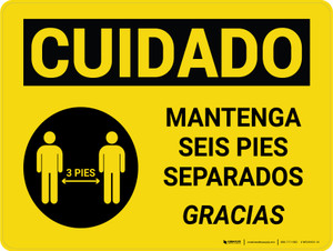 Caution: Maintain 3 Feet Bilingual Spanish with Icon Landscape - Wall Sign