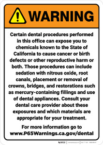 Warning: Dental Care Exposure Prop 65 - Wall Sign