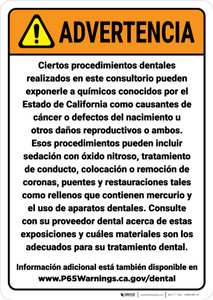 Warning: Dental Care Exposure Spanish Prop 65 - Wall Sign