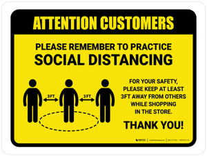 Attention: Customers Remember Social Distancing with 3ft Icon Landscape - Wall Sign
