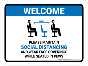 Welcome: Please Maintain Social Distancing And Face Coverings with 3ft Icon Landscape - Wall Sign