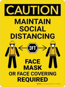 Caution: Maintain Social Distancing 3ft - Face Mask Required with Icons Portrait - Wall Sign Caution: Maintain Social Distancing 3ft - Face Mask Required with Icons Portrait - Wall Sign