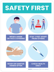 Safety First: Wear a Mask, 3ft Social Distancing, Wash Hands, and Check Health Portrait- Wall Sign Safety First: Wear a Mask, 3ft Social Distancing, Wash Hands, and Check Health Portrait- Wall Sign