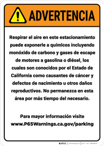 Warning: Enclosed Parking Facility Spanish Prop 65 - Wall Sign