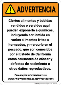 Warning: Food And Non Alcoholic Beverage Spanish Prop 65 - Wall Sign