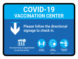 Covid-19 Vaccination Center Blue Down Arrow Landscape - Wall Sign