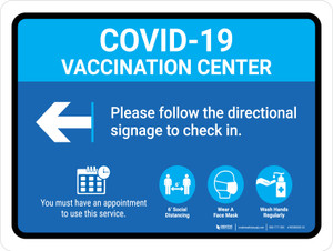 Covid-19 Vaccination Center Blue Left Arrow Landscape - Wall Sign