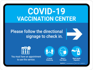 Covid-19 Vaccination Center Blue Right Arrow Landscape - Wall Sign