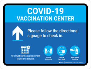 Covid-19 Vaccination Center Blue Up Arrow Landscape - Wall Sign