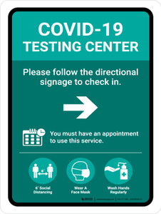 Covid-19 Testing Center Green Right Arrow Portrait - Wall Sign