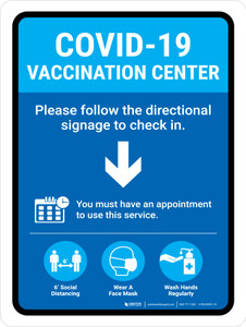 Covid-19 Vaccination Center Blue Down Arrow Portrait - Wall Sign
