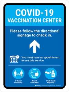 Covid-19 Vaccination Center Blue Up Arrow Portrait - Wall Sign