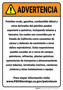Warning: Petroleum Products Exposure Spanish Prop 65 - Wall Sign