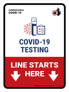 Covid-19 Testing Line Starts Here With Icon Portrait - Wall Sign