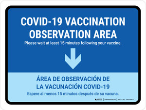 Covid-19 Vaccination Observation Area Blue Down Arrow Bilingual Spanish Landscape - Wall Sign
