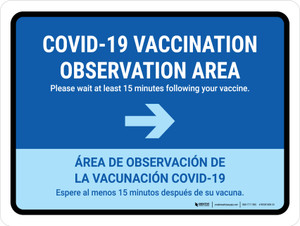 Covid-19 Vaccination Observation Area Blue Right Arrow Bilingual Spanish Landscape - Wall Sign
