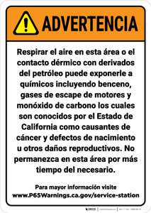 Warning: Service Station Exposure Spanish Prop 65 - Wall Sign