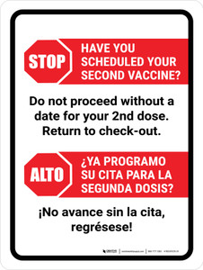 Stop Have You Scheduled Your Second Vaccine Bilingual Portrait - Wall Sign